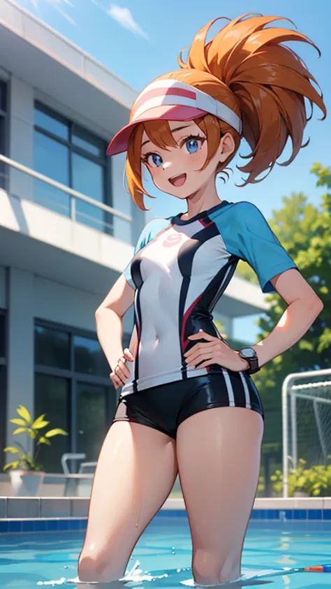 1 girl, masterpiece, best quality, highres, ro1, Misty from pokemon, hair bun, blue eyes, visor cap, , raglan sleeves, blue bicycle shorts, small ponytail on the side, wristwatch, standing, hand on hip, smile, open mouth, (sparkle:1.1), orange hair, medium...