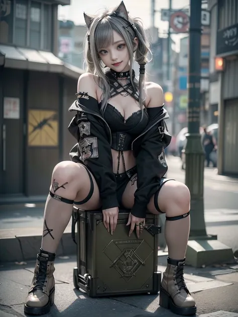 (Full Body View:1.2)、(Smiling with teeth showing:1.3),(Shibuya Gal:1.5)、(Beautiful gravure model:1.5)、(Neo-goth fashion:1.5)、(Punk RockVisual Kei:1.5)、(An off-the-shoulder hoodie in khaki and charcoal with delicate silver accessories.:1.5)、(A corset with a...