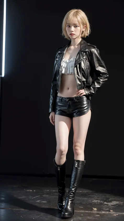 (8k、RAW Photos、Highest quality、masterpiece:1.2)、(Realistic、Realistic)、1 Girl、((Black Leather Jacket、Shorts、Dark Stage、Blonde、Exposed Skin、Frills、short hair、whole body、boots、View from the front、Looking at the camera、Hands on your hips))、cute