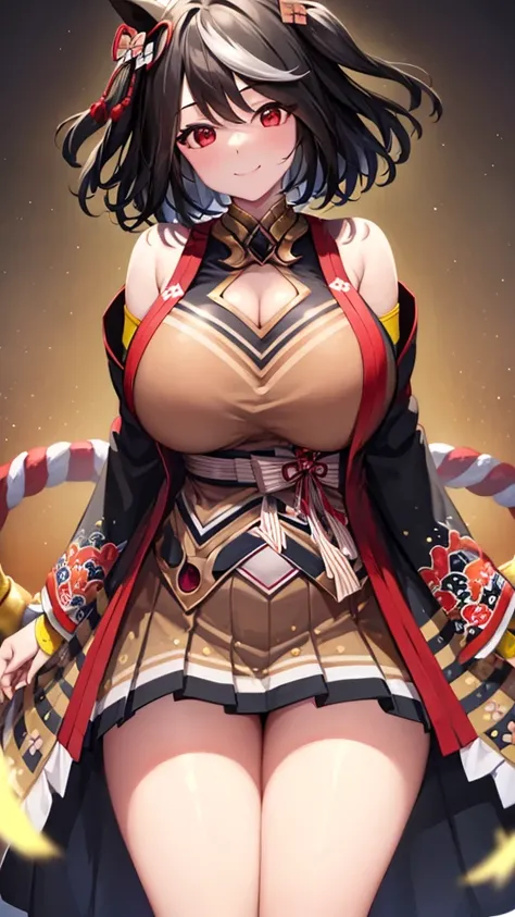 masterpiece, Highest quality:1.2),, One Woman, alone,Glowing Skin, Very very huge breasts、Thick legs、Very Huge breasts、Huge breasts、Cowboy Shot、smile、look forward to、Exposing shoulders、Removable sleeves、skirt、(Kitasan Black)、Looking into the camera