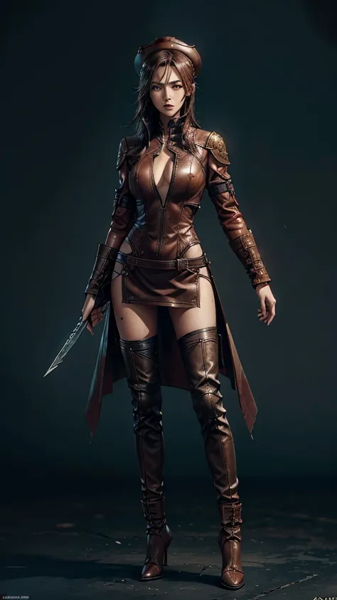 fantasy warrior woman wearing brown leather clothes, brown leather, less detailed clothes, sexy, tight clothing, flat heel shoe, assassin hat, game character design, stylized anime style, ninja assassin, full body, standing in A-pose, ultra realistic, ultr...