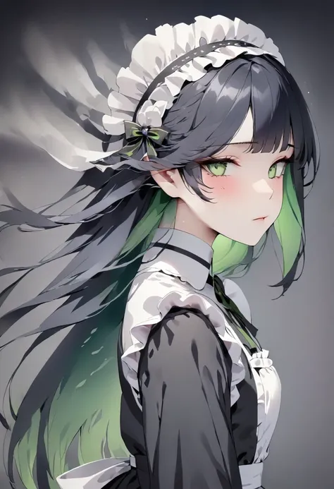 High resolution, masterpiece, accurate, Textured skin, Ultra high definition, One Girl, Black Hair, Green inner color, Bangs, Long Hair, Straight Hair,Simple Background, Cowboy Shot, Gothic Lolita, Maid Head Accessories, Background blur,Solemn, 