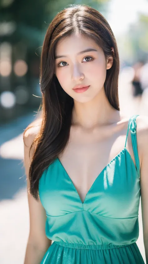 ((Best quality, 8k, masterpiece:1.3))，1girl，18 years old，Asian，Real texture:1.3，(Background blur:1.1)，Dress Up，Tall and slender figure:1.2，(Hot summer weather)，（street:1.3），Highly detailed face and skin textures，Exquisite eyes，Long eyelashes，Double eyelids...