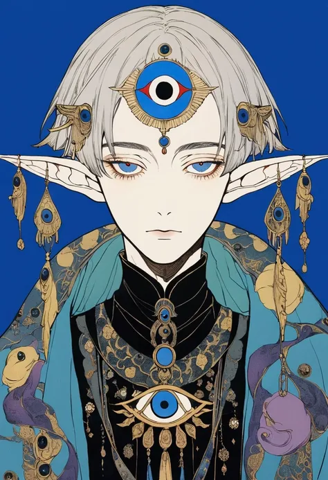 (((Harry Clark (Harry Clarke) style,圣地亚哥·卡鲁索style)))，(((The third eye on the forehead。short hair，Pointed ears，robe)))，Wide Angle，Black and blue，Solid color background