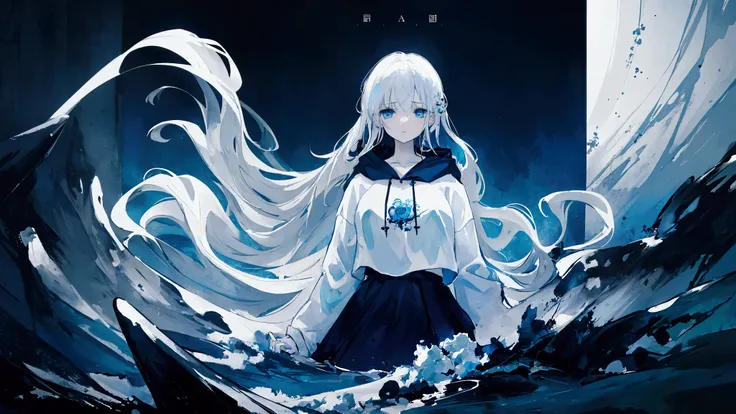 (cinematic), (gloomy), (sad), (masterpiece), (high detail), (album cover), 25 years old lady with blue eyes and white hair wearing white hoodie and black skirt. drowning to deep ocean