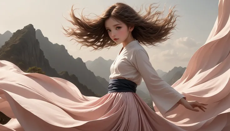 Full body portrait；Beautiful dance photography；A little girl，Solitary；A dancing little girl；[Black Eyeball，confidence，High and cold，happy]；[Long skirt，Long sleeve；Set，Light pink and white gradient，Traditional style，The skirt has no pattern，Long skirt下摆像花瓣布...