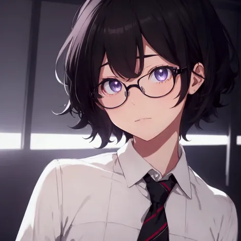 (1 boy), (school boy), male, tie, holding a bool, cute boy, adorable, Thick black frame glasses, shy, black messy hair, bluish-grey eye color, wearing glasses, 4k, detailed, anime 4k, (Curly hair), from side, character focus, ((black light)),((dark lightin...