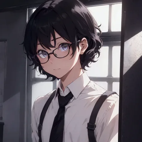 (1 boy), (school boy), male, tie, holding a bool, cute boy, adorable, Thick black frame glasses, shy, black messy hair, bluish-grey eye color, wearing glasses, 4k, detailed, anime 4k, (Curly hair), from side, character focus, ((black light)),((dark lightin...