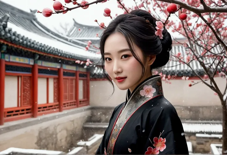 （Blurred foreground：It was snowing heavily：2.0，），（Plum blossoms fly：1.4），（Chinese Song dynasty beauties dancing），（realisticlying，Long flowing black hair，anatomy correct，Korean star face，ssmile，The hands and face are very delicate and clear），（Stand in the m...