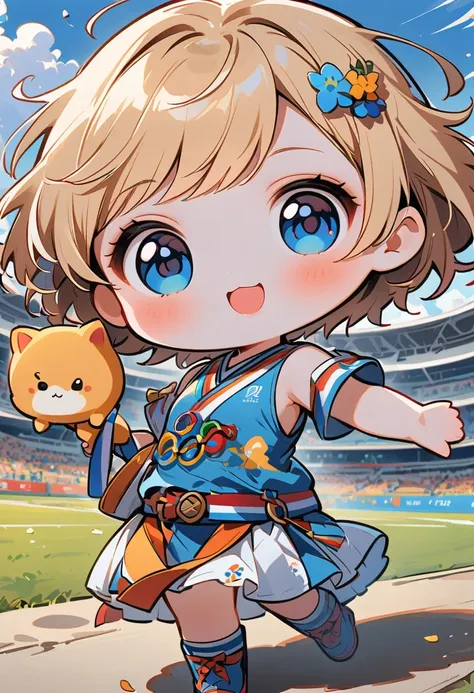 Ultra-small deformation, Chibi Cute, 1 Girl, 独自of, whole body, Blonde short hair, blue eyes, Smile, 她身穿白色奥运火炬手站在Olympic rings前, 她手里拿着一支点燃of火炬, 高对比度和鲜艳of色彩, The background is the Olympic venues and a large number of spectators, Sports Festival, Olympic ring...