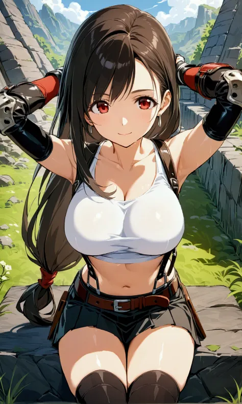 (score_9
score_8_up
score_7_up
score_6_up
source_anime),,BREAK  ,straight-on,breast above view, sitting.upperbody,arms up,arms in hair ,Solo ,1girl, tifa lockhart, final fantasy, tareme,black hair, low-tied long hair, red eyes, bangs, (white tank top, belt...