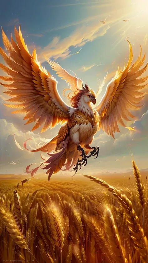 there is a bird that is flying over a field of wheat, mythical creature, epic fantasy digital art, flying mythical beasts, gryphon, epic digital art illustration, beautiful digital artwork, wallpaper of a phoenix, greek myth digital painting, epic digital ...