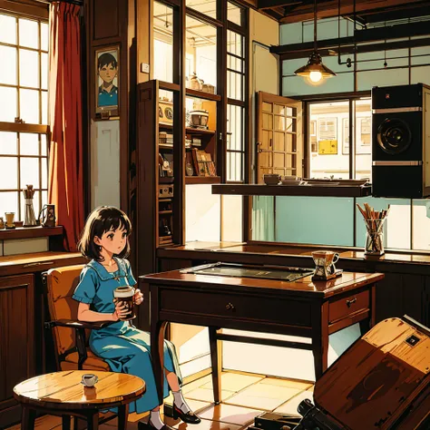 Room with records Vintage Nostalgic Woman sitting by the window Coffee