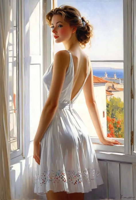 painting of a woman in a white dress looking out a window, volegov, romantic painting, summer morning light, beautiful painting, sensual painting, gorgeous woman, stunning painting, beautiful realistic painting, gorgeous painting, ( ( konstantin razumov ) ...