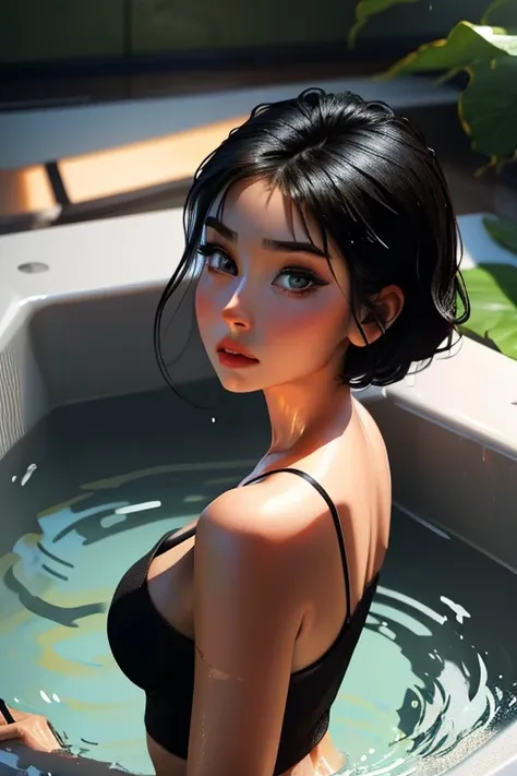 absurdrez, ultra details, high qualiy, work of art, gorgeous eyes(detailedeyes) black camisole, short black hair, fully body, tense facial expression, gazing at viewer, ombre, eye pencils, super lashes, fully body, lush ass, bathing, wet