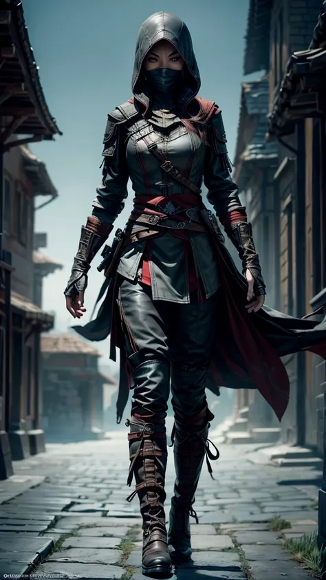 female assassin, athletic build, realistic human anatomy, sexy, full body, detailed facial features, weathered leather assassin ...