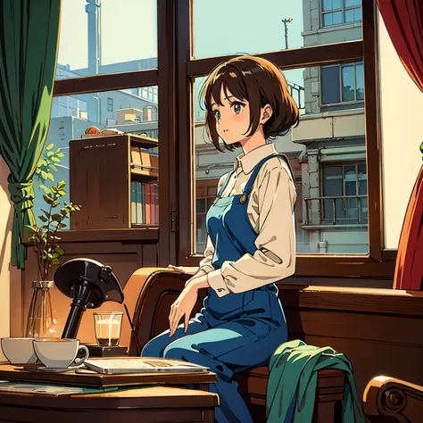 Room with records Vintage Nostalgic Woman sitting by the window Coffee Anime