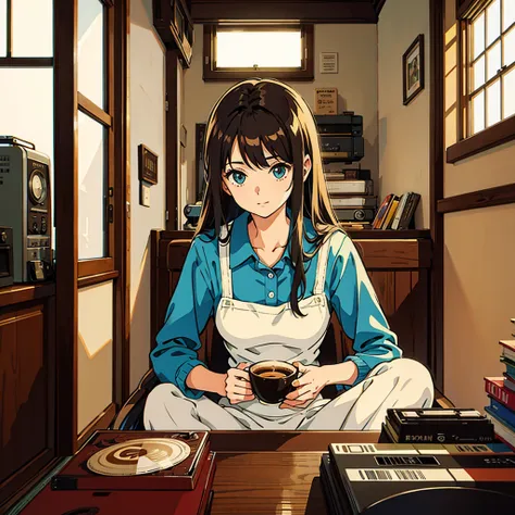 Room with records Vintage Nostalgic Woman sitting by the window Coffee Anime