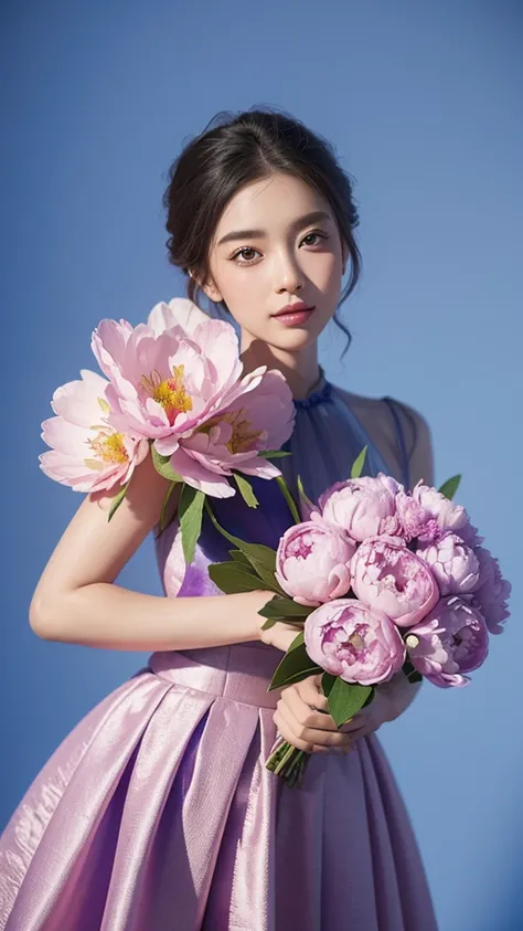 A beautiful bouquet of pink and violet peony flowers, detailed petals and centers, set against a vibrant blue background, rendered in a highly realistic, 3D style using Octane, with bright, vivid colors, digital painting technique, sharp focus, and a trend...