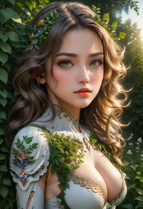 woman, tree, standing in a field, side profile, sensual busty body, beautiful detailed eyes, beautiful detailed lips, extremely detailed face, long eyelashes, elegant graceful figure, detailed garden landscape, golden hour lighting, lush greenery, warm col...