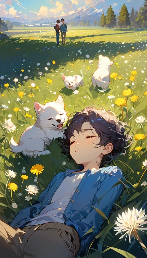 masterpiece, best quality, 8k, 4k, 1boy, kid, sleeping, dark blue hair with red stripes, blue long sleeve shirt, short pale brown pants with pocket, lay down on the field,  white puppy sleeping next to the boy, siberian white puppy, white dandelions fields...