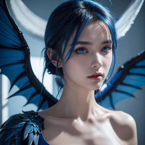 Beautiful woman, blue hair, shining blue eyes, blue dragon wings,dragon tattoo.