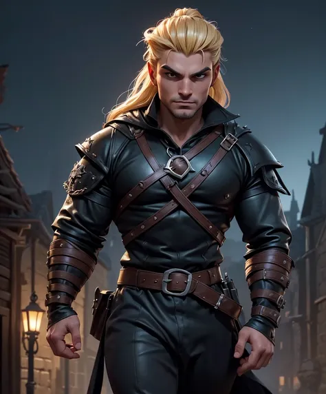 Handsome.  Shirtless.  Tattoos.  Generate a muscle stud fantasy character. Generate a muscle hunk fantasy character, dressed all in black. (((Medieval-style tropical town at night.))) (((Luxurious blond hair in a topknot.))) (((Looks like Adonis.))) (((App...