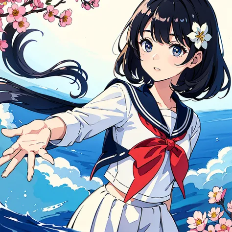 Sailor suit、Teenage Girls、Watercolor style、Flower Field、Upper body、Black-haired、Peel off the front、Hand-drawn