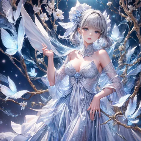 (best quality:1.4), (masterpiece:1.4), ultra-high resolution, 8K, CG, exquisite, upper body, solitude, Thumbelina, little princess, blue taffeta court dress, snowflake background, detailed facial features, silver-gray hair, almond-shaped eyes, intricate ey...