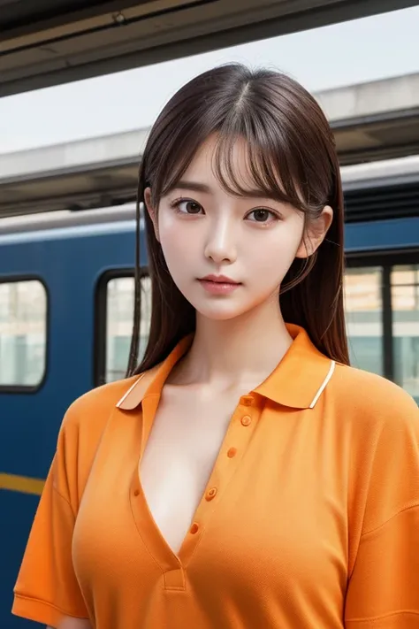 Realistic photos (1 cute Korean star) Inverted hair, light makeup, Middle breast size, Orange polo shirt, At the train station, Canon EOS Clear Facial Features, 16K, High resolution, Sharp and realistic details,  Exposure, interrupt, 超High resolution, High...