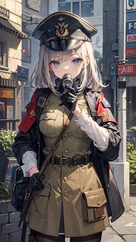 ((Best masterpiece, Perfect quality, Ultra detailed)), A soldier girl, With a military cap, With an antique gas mask, Great War soldier, WW1 soldier, Steampunk