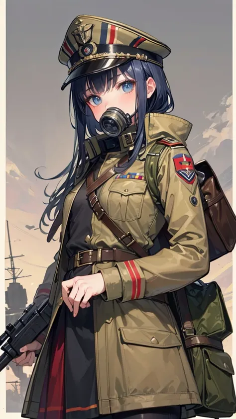 ((Best masterpiece, Perfect quality, Ultra detailed)), A soldier girl, With a military cap, With an antique gas mask, Great War soldier, WW1 soldier, Steampunk