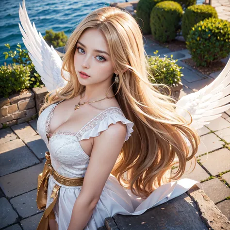 ((Masterpiece, Top Quality, High Resolution, Perfect Pixels, 8k)), Western Temple background, one girl, Westerner, idol, cowboy shot, ((very long hair, blonde)), huge angel wings on her back, pure white Greek mythology clothes, singing, ((brown eyes brown ...