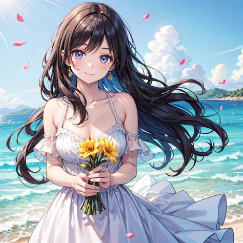 a beautiful woman, a white and dress, in a beautiful beach, long hair in a mess, flirting, light smile, Holding flowers, ultra HD, realistic, bright colors, high detail, UHD drawing, perfect composition, beautiful detailed complex
