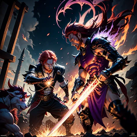 Japanese anime style. A sword and magic world, medieval, dark style. In the royal city, a handsome red-haired man attacks a humanoid goat demon with a sword attached with purple flames. The demon blocks it with its claws, generating a shock wave. This demo...