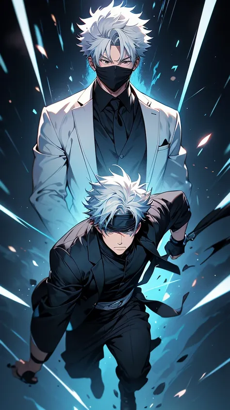 full body angle, 
realistic photography, canon EOS 5D,
 Japanese animation Jujutsu Kaisen, Satoru Gojo, 
Light Blue Eyes, White hair,A character with white hair and a blindfold over their eyes, lifting the blindfold slightly with one hand to reveal a singl...