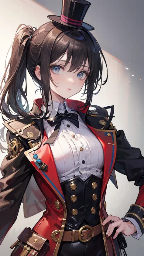 ((Best masterpiece, Perfect quality, Ultra detailed)), A skinny pilot girl with small breasts, Wearing antique top hat, Wearing cotton y-shirt, Steampunk