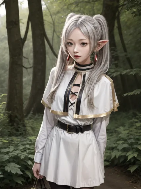 masterpiece, best quality, absurdres, 1girl, solo, FrierenBase, long hair, twintails, earrings, white capelet, striped shirt, horizontal stripes, long sleeves, belt, white skirt, gold-trim, black pantyhose, arms behind back, outdoors, forest, 