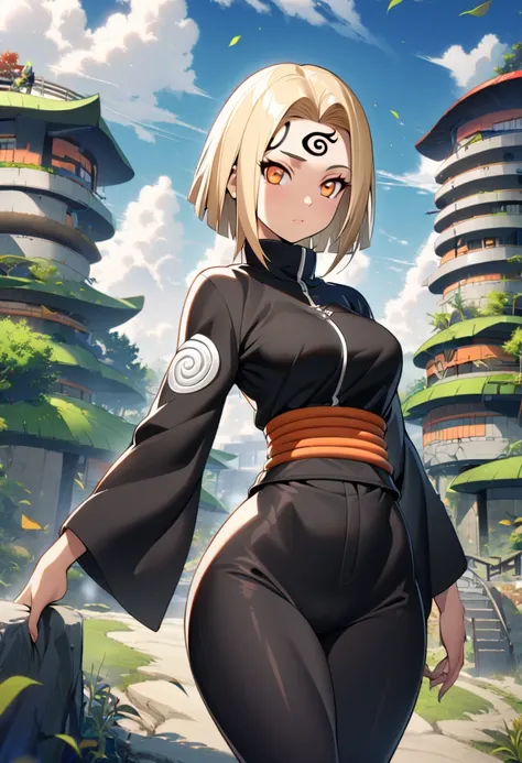 1 girl, alone , short blonde hair ,on forehead ,orange eyes , beautiful, light skin color , wide shoulders, thin waist, medium breasts, defined thighs, thin, defined lean  ,wide hips, medium ass, uzumaki clan, naruto shippuden style, Leaf village, black ou...