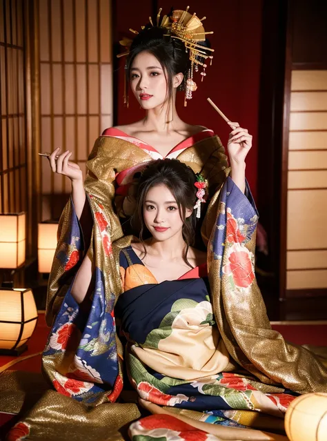 ((masterpiece(:1.4)，Highest quality，Ultra-high resolution，Highest quality，8k，Very detailed，In detail))。night，Japanese，Beautiful woman，Golden Ratio Style，glamorous，Big Breasts，Oiran，Long-sleeved kimono，Tying up hair，hair ornaments，Smoke Tube，can，Gorgeous an...