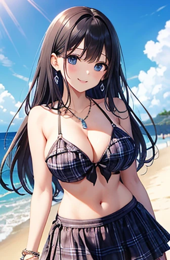 Highest quality、Highest quality、masterpiece、(8k),beauty(Age 25)、Black Hair、Long Hair、blue eyes、Sexy Bikini(Plaid)、Big cleavage、(Big Breasts)、smile、blue necklace、Blue Earrings、background(Beach)、Please open your mouth wide、Plaidのリボンで髪を結ぶ、bracelet、Dynamic pos...