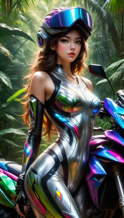 very beautiful girl, standing beside a motocross, wearing futuristic metalic racing suit, wearing tanktop, very sexy body girl, masterpiece, 4k, wearing motocross helmet, background dramatic jungle, colourful