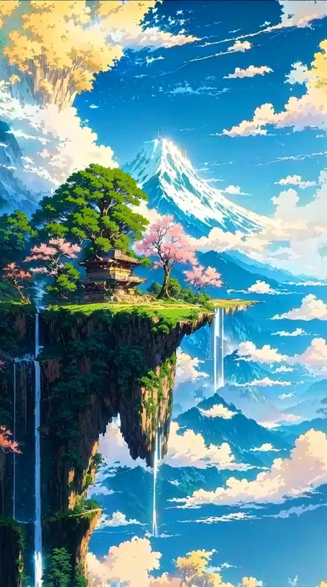 painting of a waterfall and a mountain with a waterfall in the foreground, anime landscape, anime landscape wallpaper, anime nat...