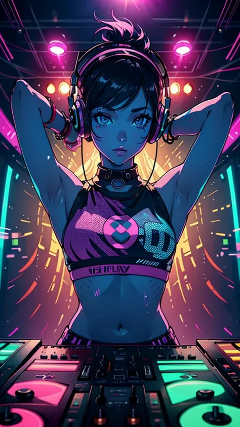 upper body,  female dj, colorful clothes , quirky, vibrant appearance,  playful accessories, creative behavior, imaginative, sensual, spontaneous, dj headphones, mixing console, music club, night club, indie theaters, people dancing on the dance floor back...