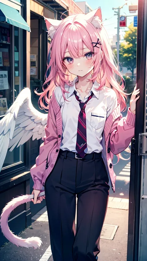 kawaii shota,angel halo,angel wing,cat ear,cat tail,pink hair,wavy long hair,
High school boys uniforms, shirts, school cardigans, slacks, and ties,Neutral looking,Beautiful clavicle,cool,