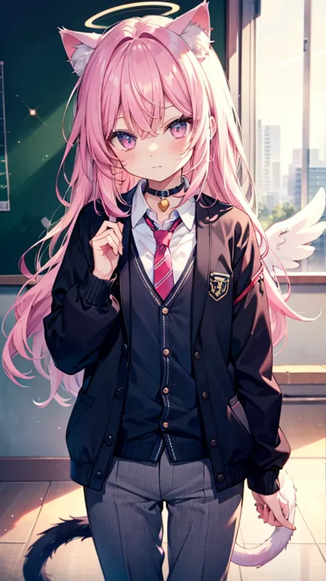 kawaii shota,angel halo,angel wing,cat ear,cat tail,pink hair,wavy long hair,
High school boys uniforms, shirts, school cardigans, slacks, and ties,Neutral looking,Beautiful clavicle,cool,