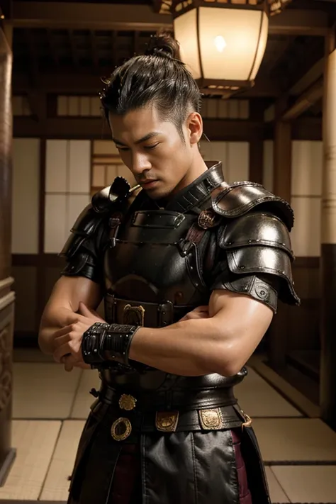 Samurai armor, Japanese handsome guy, Gay hugging, Samurai, The History of Homosexuality in Japan, topless, top-knot hairstyle, standing, Full Frame, Professional Lighting, Japanese temple background.