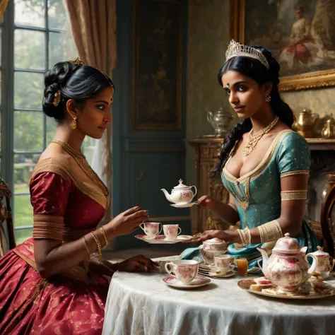 a picture of a british master slave relationship where an indian maid wearing a saree holding a tray of tea cups and serving it to a british victorian woman wearing an elaborate dress who is sitting at a table woman at a tea party. realistic, beautiful, se...