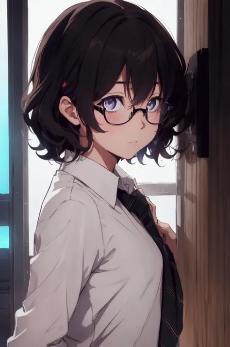 (1 boy), (school boy), male, tie, holding a bool, cute boy, adorable, thick black frame glasses, shy, black messy hair, bluish-g...