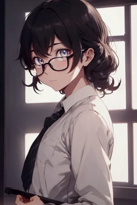 (1 boy), (school boy), male, tie, holding a book, small book in hand, (holding small book), Thick black frame glasses, shy, black messy hair, bluish-grey eye color, wearing glasses, 4k, detailed, anime 4k, (Curly hair), from side, character focus, ((black ...